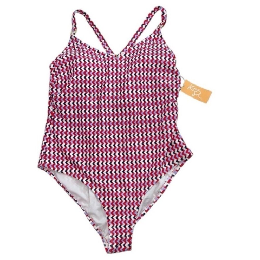 Kona Sol Swimsuit Womens 22 Red Blue White Chevron One Piece Adjustable Straps